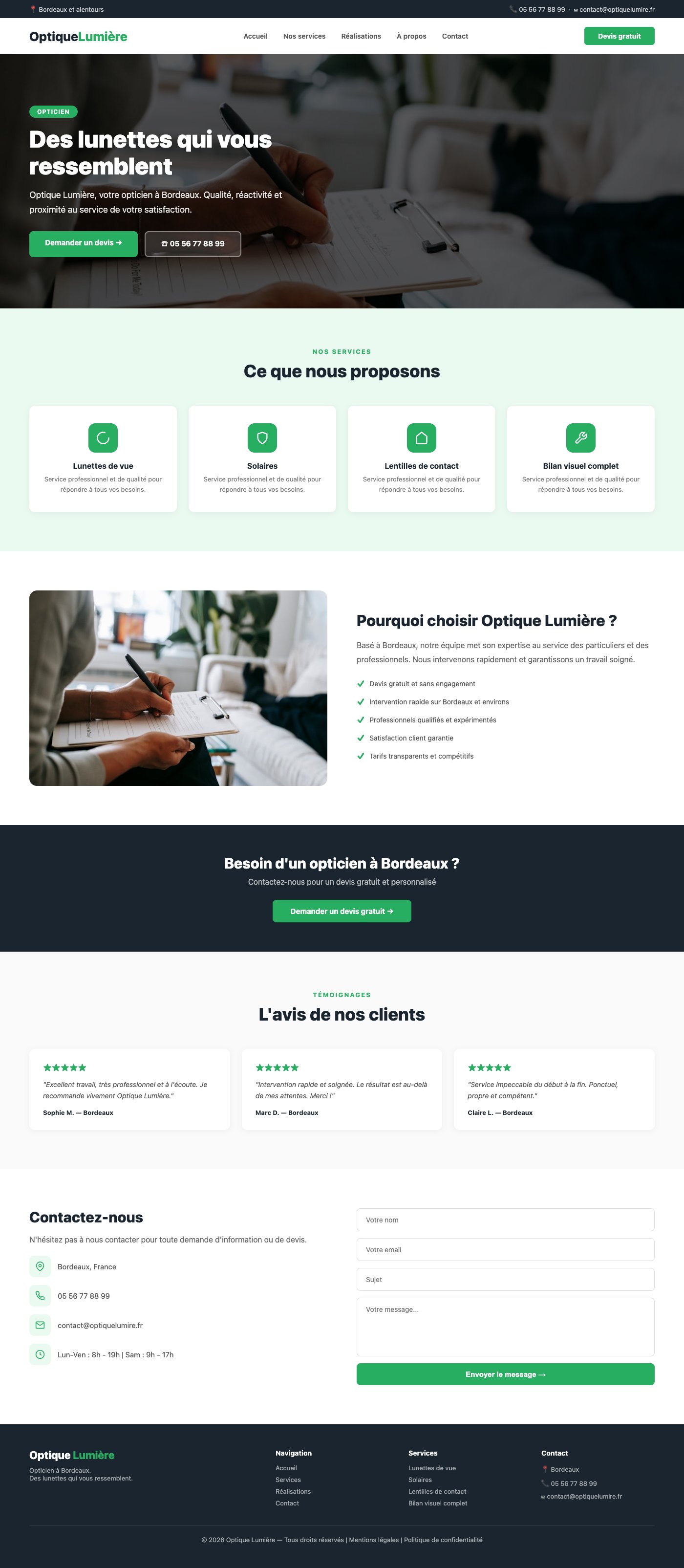 Site vitrine Optique Lumière opticien Bordeaux